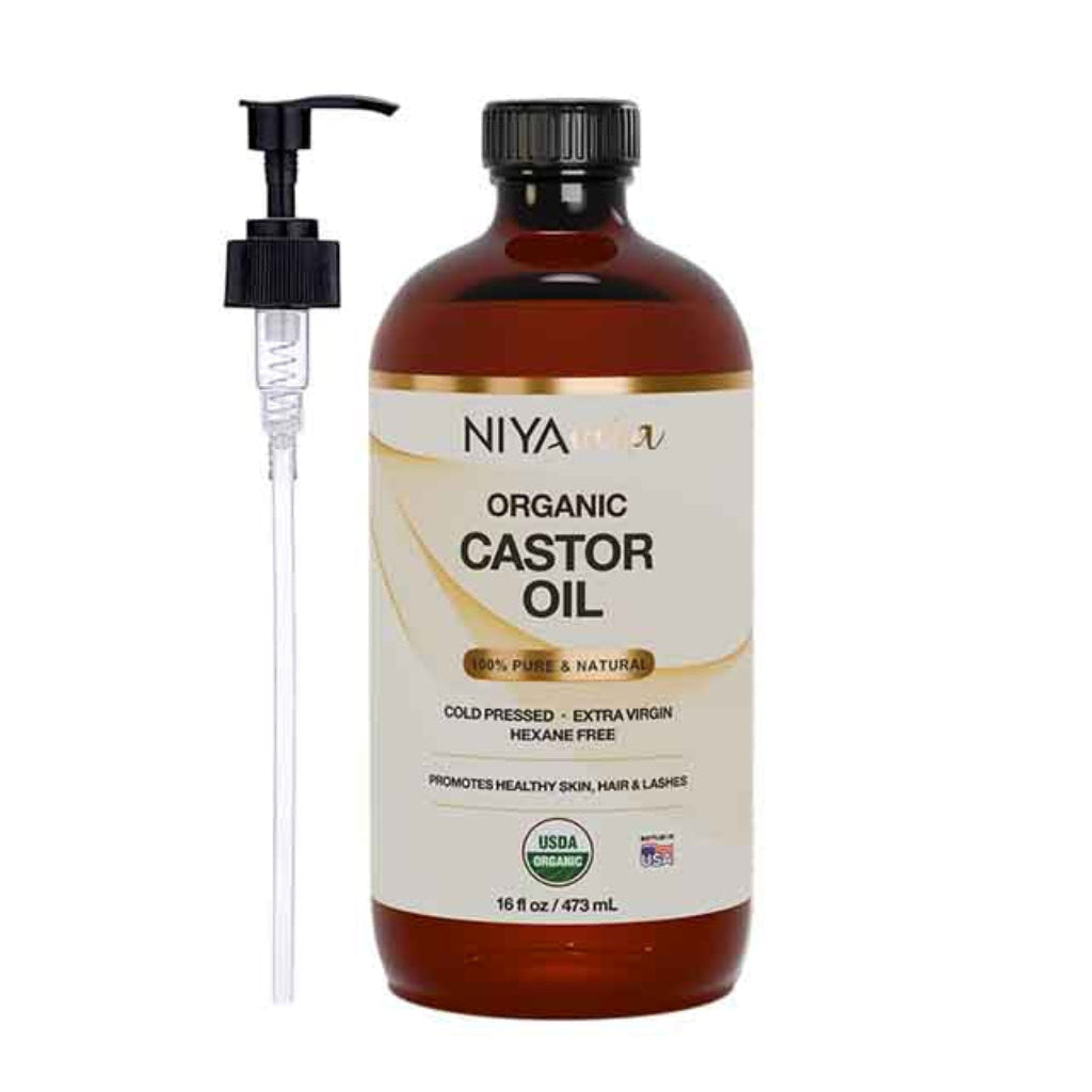 Castor Oil Organic Cold Pressed Hexane Free Unrefined 16 oz Glass Bottle with Pump - USDA Organic Certified