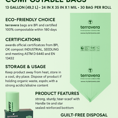 13 Gallon Compostable Trash bags Flat Top - 50 Count