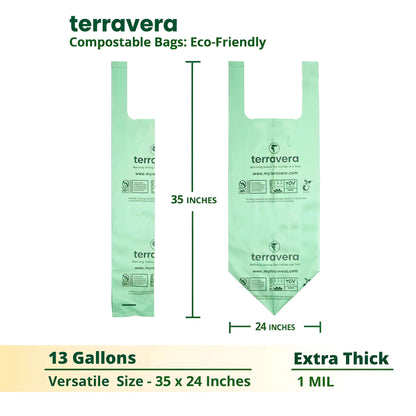 eco-friendly compostable trash bags, 13 gallons, 35 x 24 inches, extra thick, featuring handle tie.