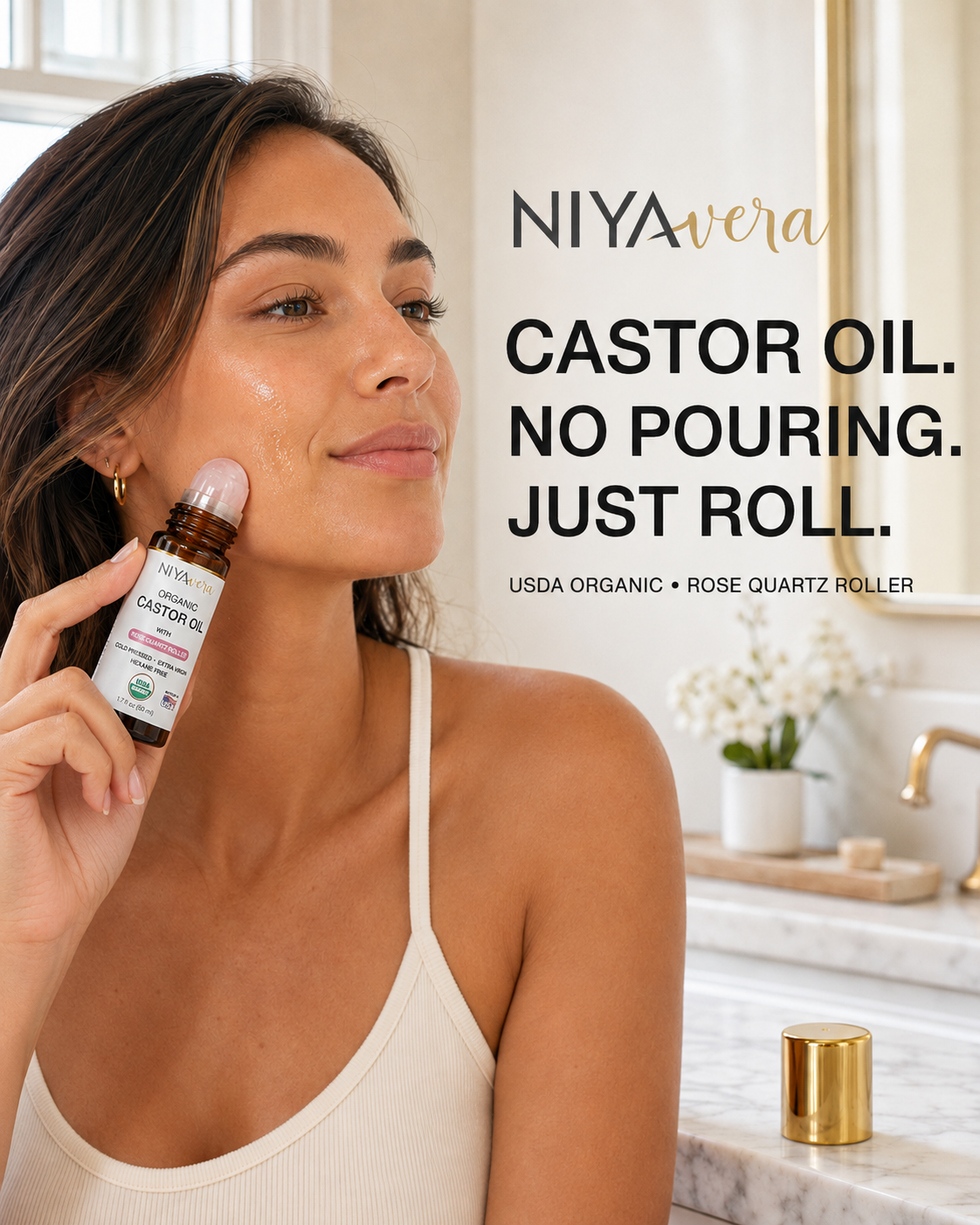 USDA Organic Cold-Pressed Castor Oil for Hair, Lashes & Brows, 50ml Rose Quartz Roller