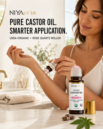 USDA Organic Cold-Pressed Castor Oil for Hair, Lashes & Brows, 50ml Rose Quartz Roller