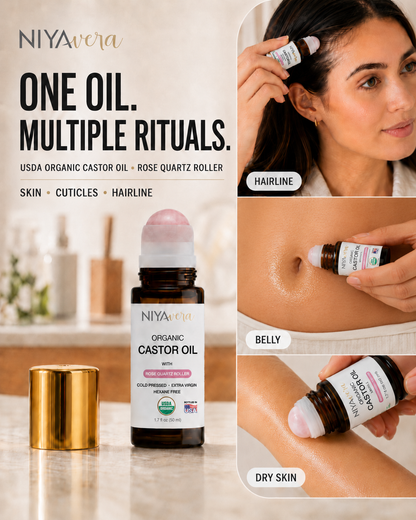 USDA Organic Cold-Pressed Castor Oil for Hair, Lashes & Brows, 50ml Rose Quartz Roller