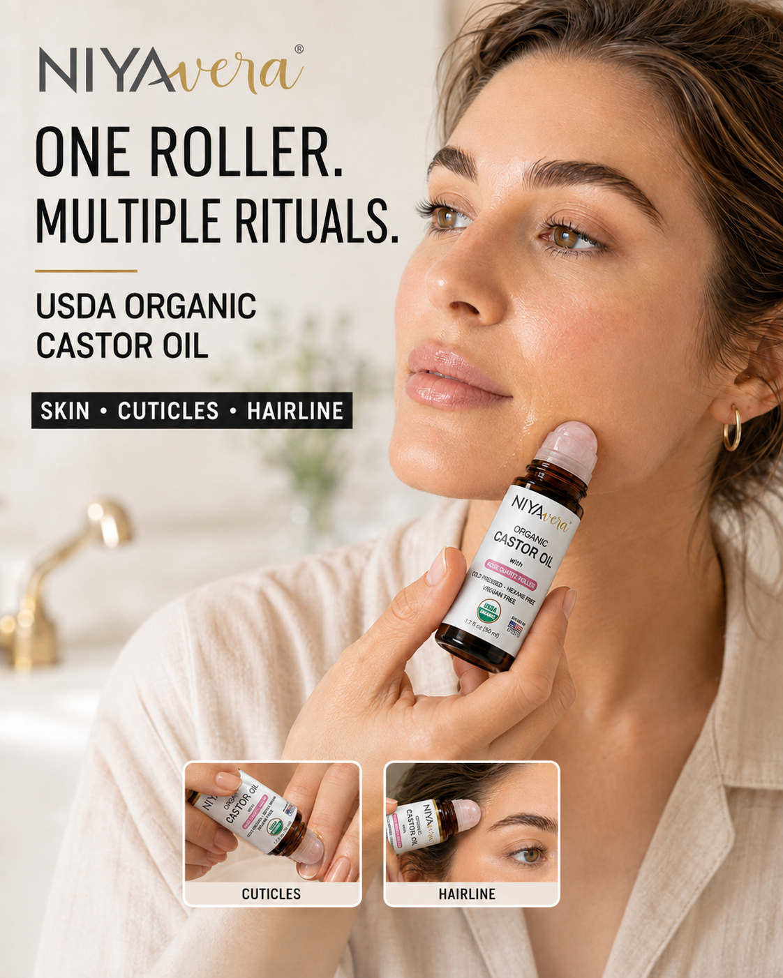 USDA Organic Cold-Pressed Castor Oil for Hair, Lashes & Brows, 50ml Rose Quartz Roller