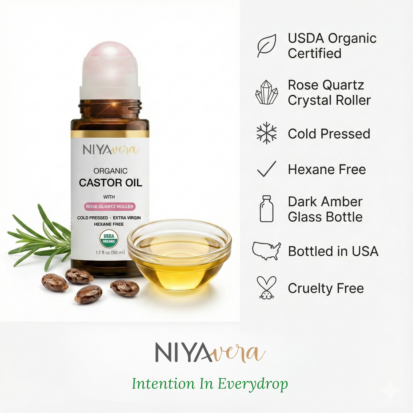 Niyavera Organic Castor Oil Roll on with Rose Quartz For Face and Body - Cold Pressed Hexane Free Glass Bottle Unrefined