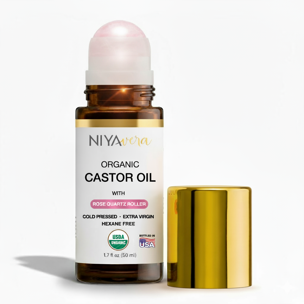 USDA Organic Cold-Pressed Castor Oil for Hair, Lashes & Brows, 50ml Rose Quartz Roller