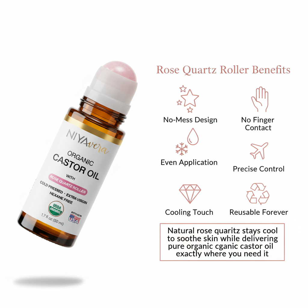 USDA Organic Cold-Pressed Castor Oil for Hair, Lashes & Brows, 50ml Rose Quartz Roller