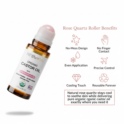 USDA Organic Cold-Pressed Castor Oil for Hair, Lashes & Brows, 50ml Rose Quartz Roller