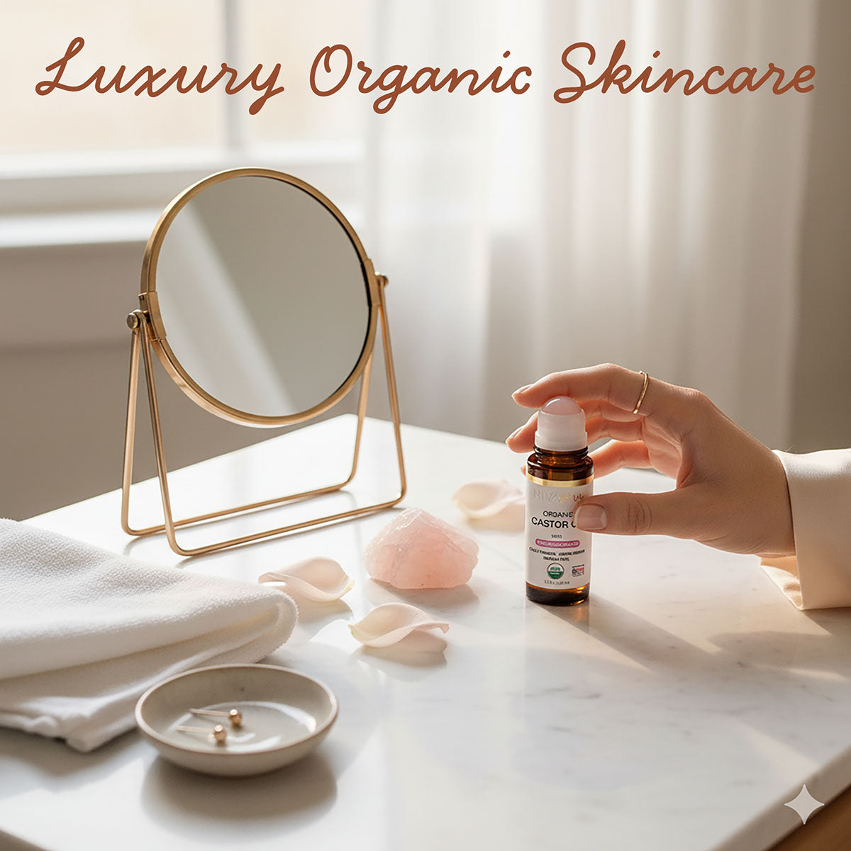 Niyavera Organic Castor Oil Roll on with Rose Quartz For Face and Body - Cold Pressed Hexane Free Glass Bottle Unrefined
