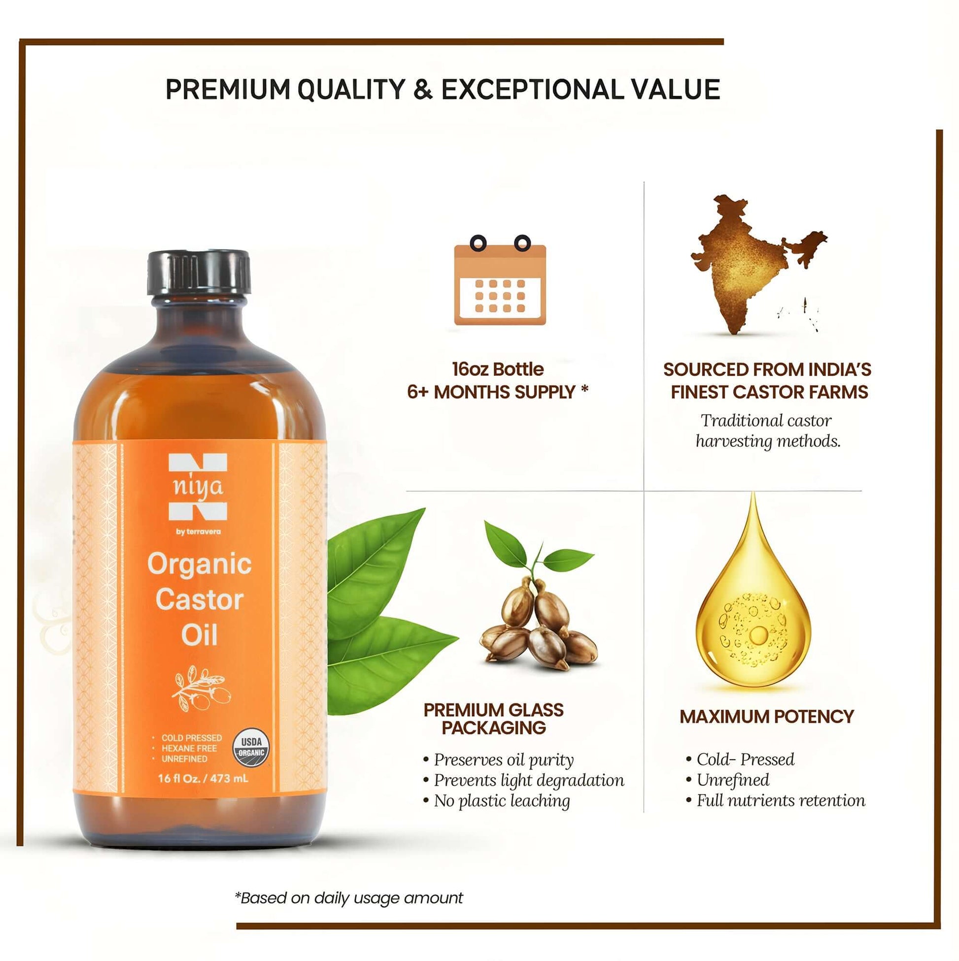 Organic Castor Oil in 16oz premium glass bottle with pump, sourced from India