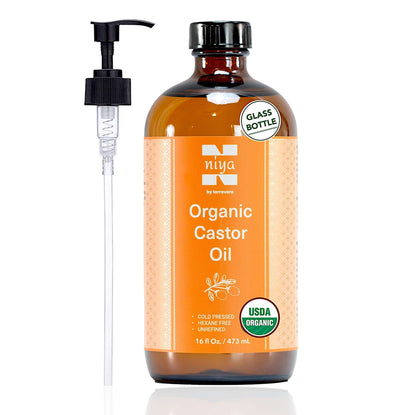 Niya by terravera organic castor oil in a 16oz glass bottle with a pump, cold-pressed and USDA organic.