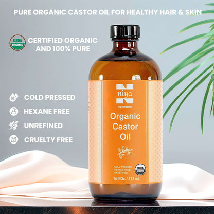 Niya by Terravera organic castor oil 16oz bottle, cold-pressed, hexane-free, unrefined, cruelty-free for healthy hair and skin.