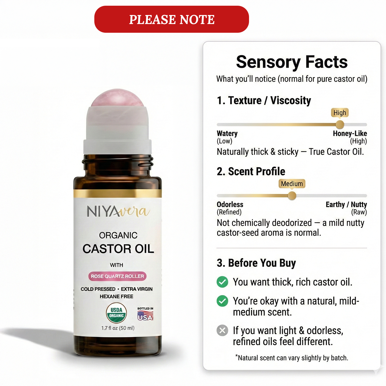 USDA Organic Cold-Pressed Castor Oil for Hair, Lashes & Brows, 50ml Rose Quartz Roller
