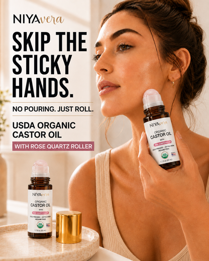 USDA Organic Cold-Pressed Castor Oil for Hair, Lashes & Brows, 50ml Rose Quartz Roller