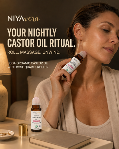 USDA Organic Cold-Pressed Castor Oil for Hair, Lashes & Brows, 50ml Rose Quartz Roller