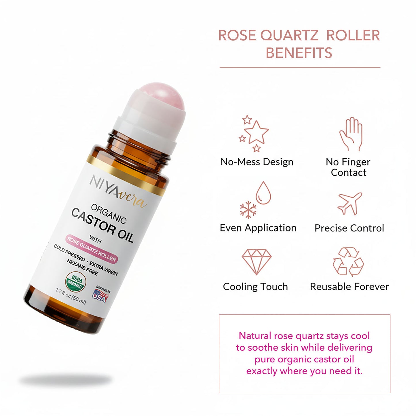 Niyavera Organic Castor Oil Roll on with Rose Quartz For Face and Body - Cold Pressed Hexane Free Glass Bottle Unrefined