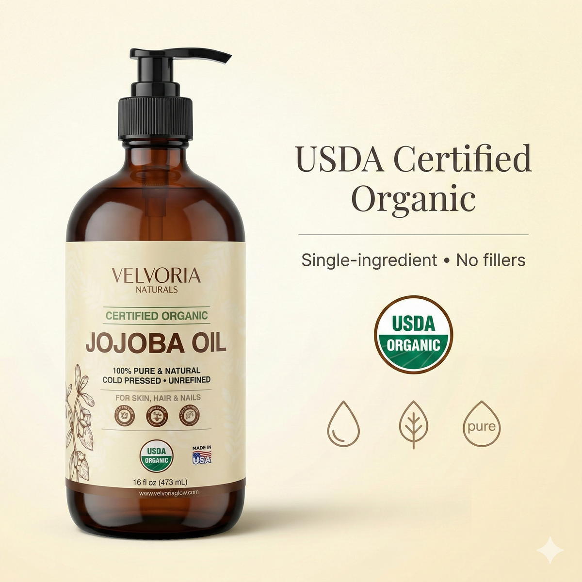 Organic Jojoba Oil 16oz - Glass bottle with Pump