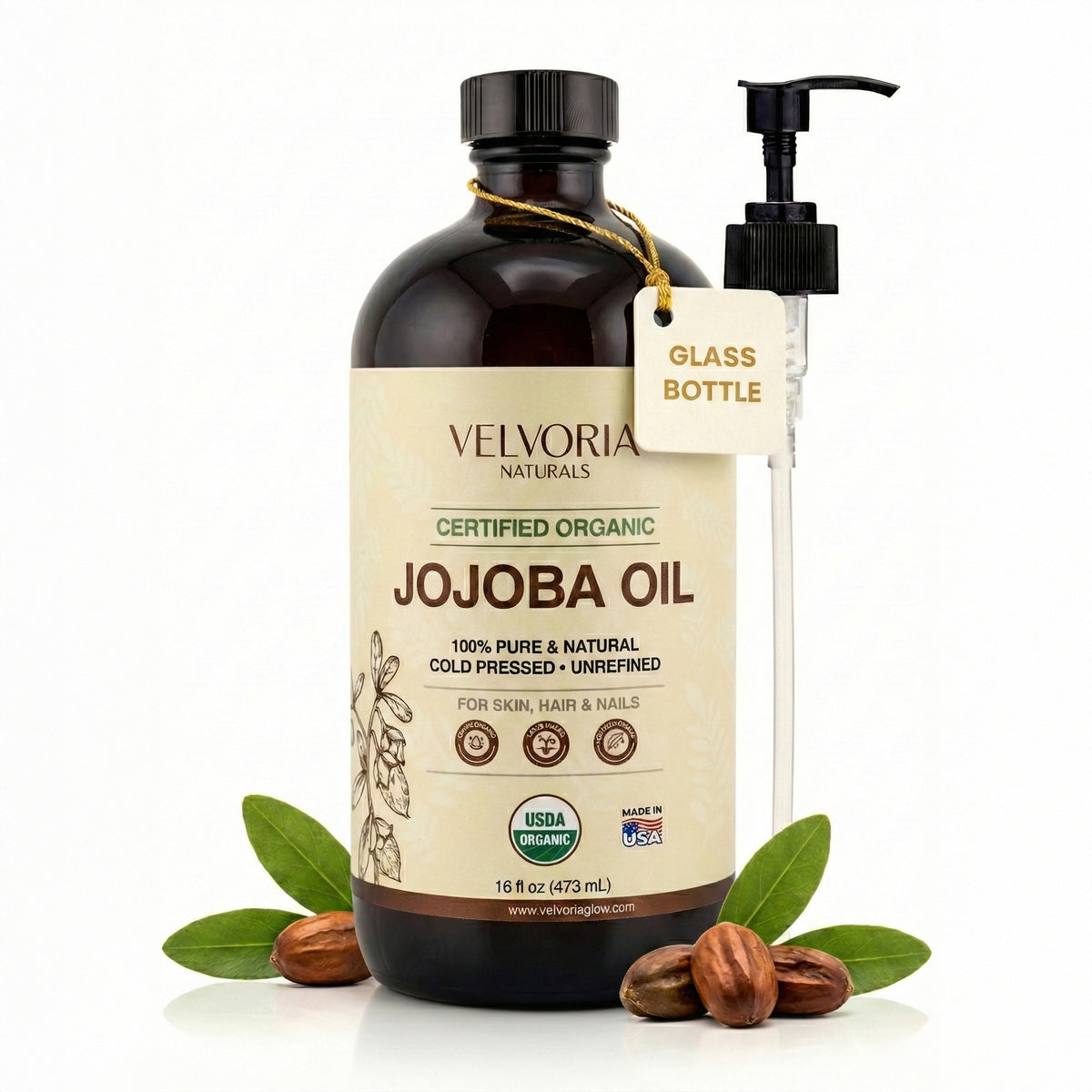 Organic Jojoba Oil 16oz - Glass bottle with Pump