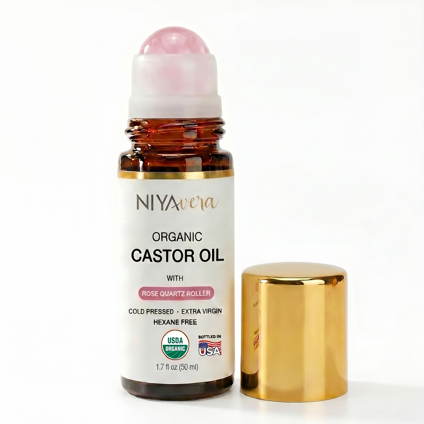 USDA Organic Cold-Pressed Castor Oil for Hair, Lashes & Brows, 50ml Rose Quartz Roller